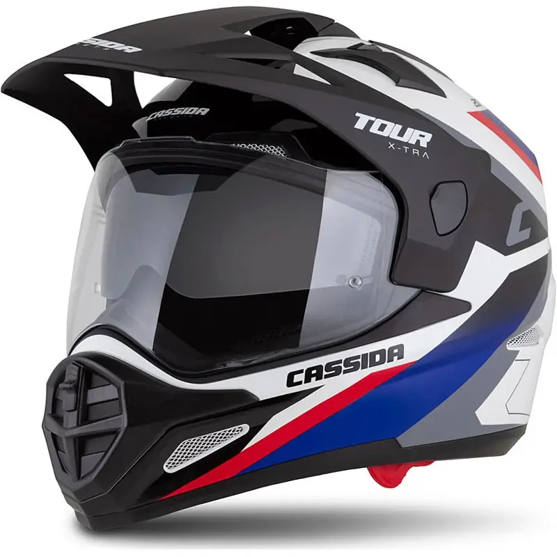 Enduro přilba Cassida Tour 2.0 X-tra bílo-modro-červeno-černá s černým matným kšiltem Sleva