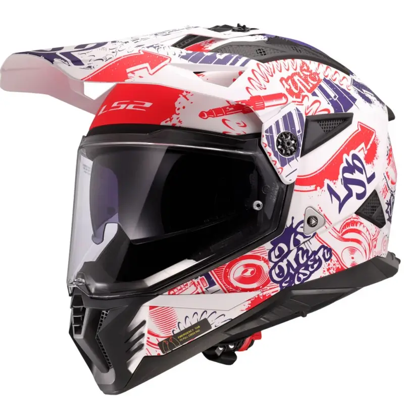 Výprodej Enduro helma na motorku LS2 MX702 Pioneer II Fantasy bílo-červeno-modrá