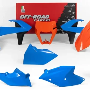 sada plastů KTM (speciální edice Troy Lee Designs), RTECH (modro-oranžovo-černá, 7 dílů, vč. chráničů vidlic) Originální