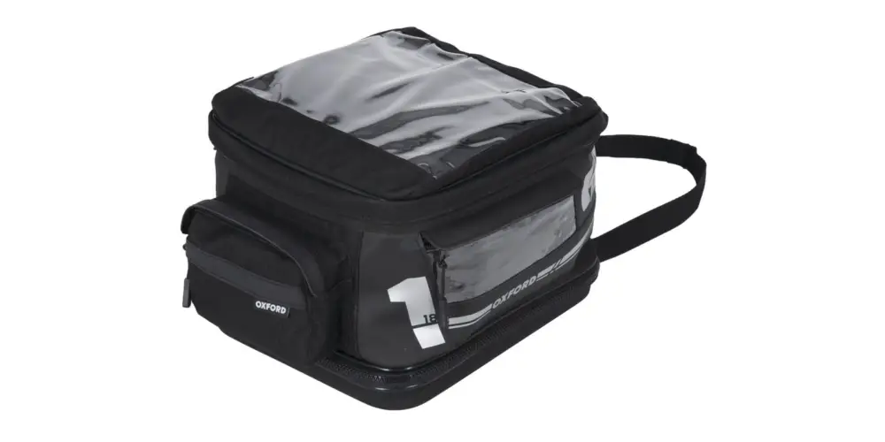 Akce tankbag na motocykl F1 QR, OXFORD (černý, s rychloupínacím systémem na víčka nádrže, objem 18 l)