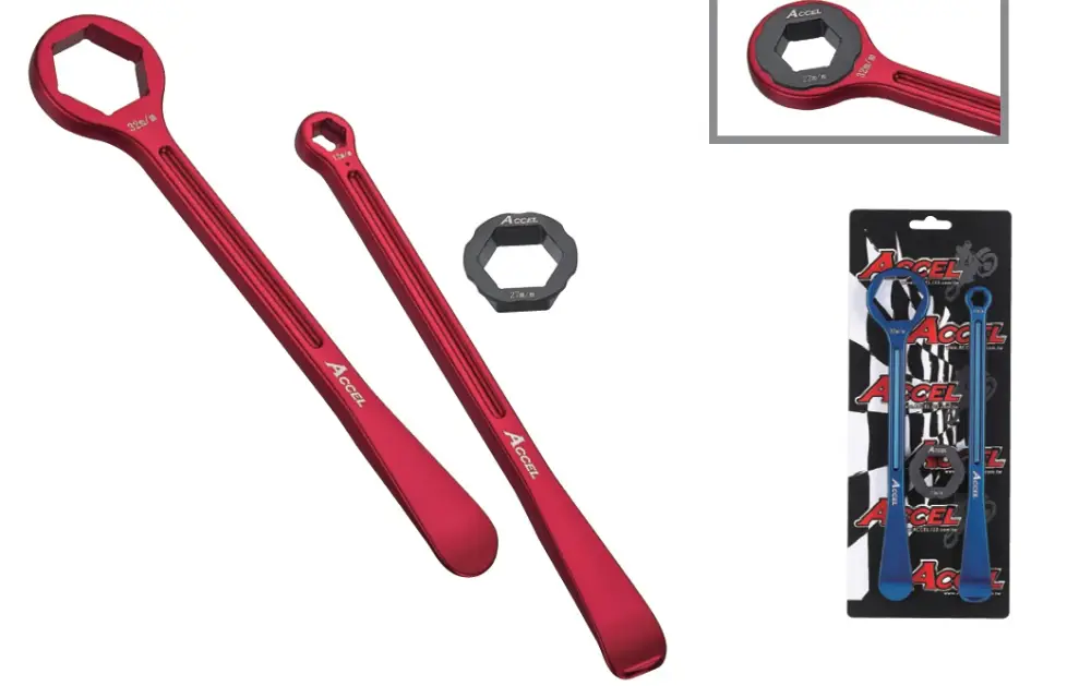 ACCEL sada montážních pák na pneumatiky (23+24cm) ALU7075 kované s klíči 10,13,27,32 mm barva červená Objednat Nyní