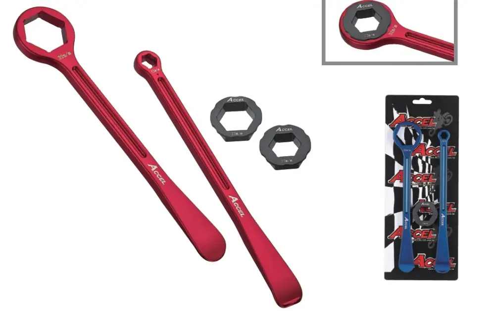 Značkový ACCEL sada montážních pák na pneumatiky (23+24cm) ALU7075 kované s klíči 10,13,22,27,32 mm barva zlatá