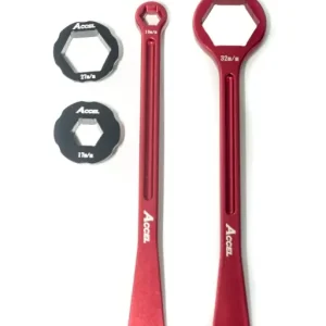 Dokud Zásoby Vydrží ACCEL sada montážních pák na pneumatiky (23+24cm) ALU7075 kované s klíči 10,13,17,27,32 mm barva červená