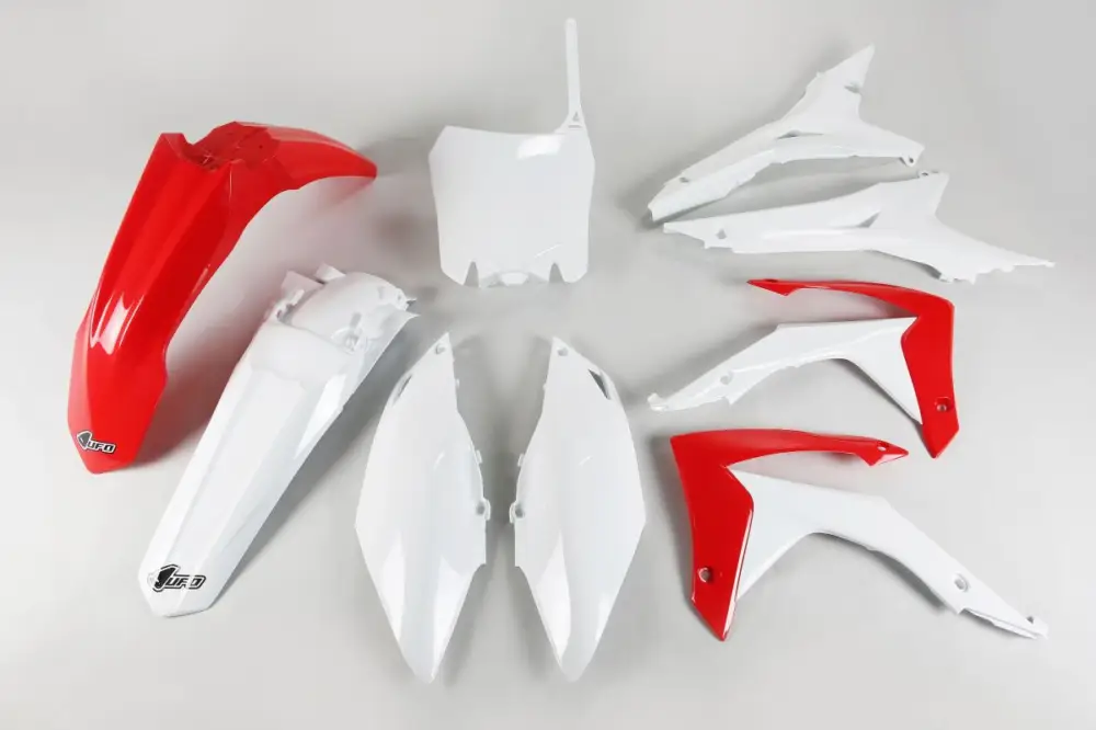 UFO kompletní sada plastů HONDA CRF 250R 14-17, CRF 450R 13-16 s kryty vzduchového filtru barva OEM (červená/bílá) Novinka