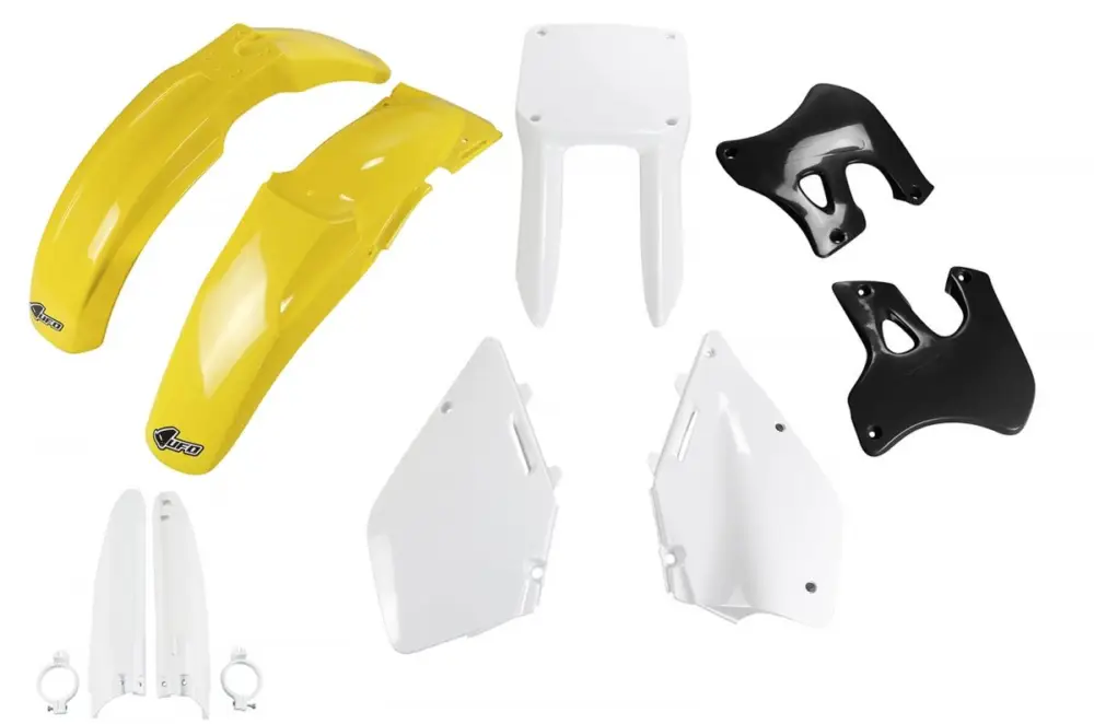 Časově Omezené UFO kompletní sada plastů (FULL KIT) s kryty přední vidlice SUZUKI RM 125 96-98 barva (žlutá/bílá/černá) (SU393E999)
