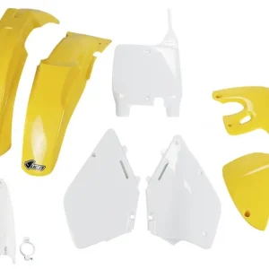 UFO kompletní sada plastů (FULL KIT) s kryty přední vidlice SUZUKI RM 125 / 250 99-00 barva (bílá/žlutá) (SU400E999) Hit Sezóny