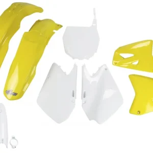 Koupit Online UFO kompletní sada plastů (FULL KIT) s kryty přední vidlice SUZUKI RM 125 01-22, RM 250 01-22 barva (bílá/žlutá) (SU402E999)