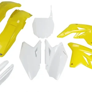Rychlé Dodání UFO kompletní sada plastů (FULL KIT) s kryty přední vidlice SUZUKI RMZ 250 07-09 barva (bílá/žlutá - s bílou tabulkou se startovním číslem) (SU407E999)