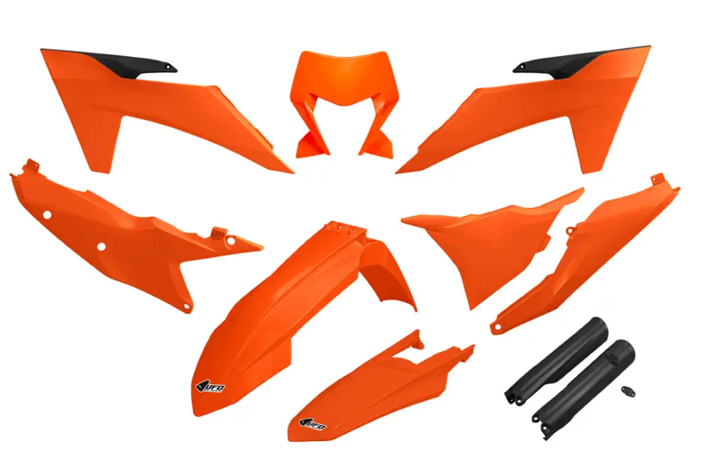 UFO kompletní sada plastů (FULL KIT) s kryty tlumičů KTM EXC 150 / 250 / 300 TBI 24-25, EXC-F 250 / 350 / 450 / 500 24-25 barva OEM 25 ( oranžová / černá ) Finální Výprodej