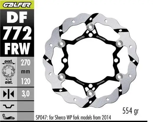 Výhodná Nabídka GALFER přední brzdový kotouč SHERCO SE/SEF 250/300/450/500 09- (pouze s odpružením SACHS; WP vyžaduje SP047) WAVE (270X120X3mm)